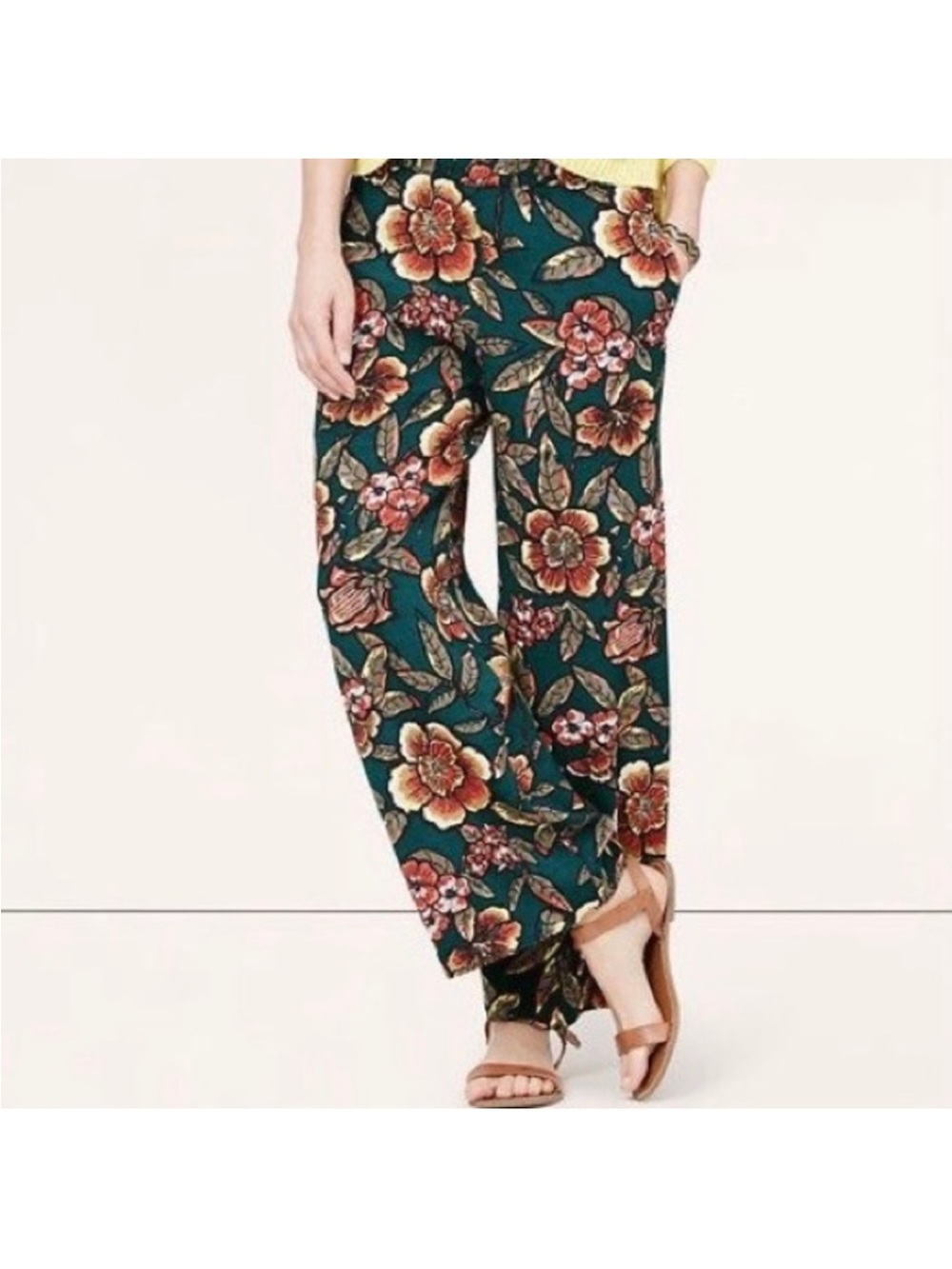 LOFT Teal Floral Wide-Leg Pants